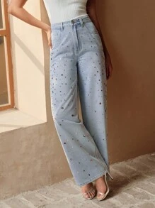 Anewsta New Sparkling Colorful Diamond Embellished Women's Straight Leg Jeans, Suitable For Valentine's Day Party, Blue - Light Wash - View 7