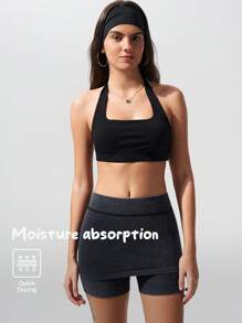 Menodora SHEIN Sport Movishi Moisture Absorption & Quick Dry Plain Knit Cropped Backless Halter Tank Top - Black - View 2