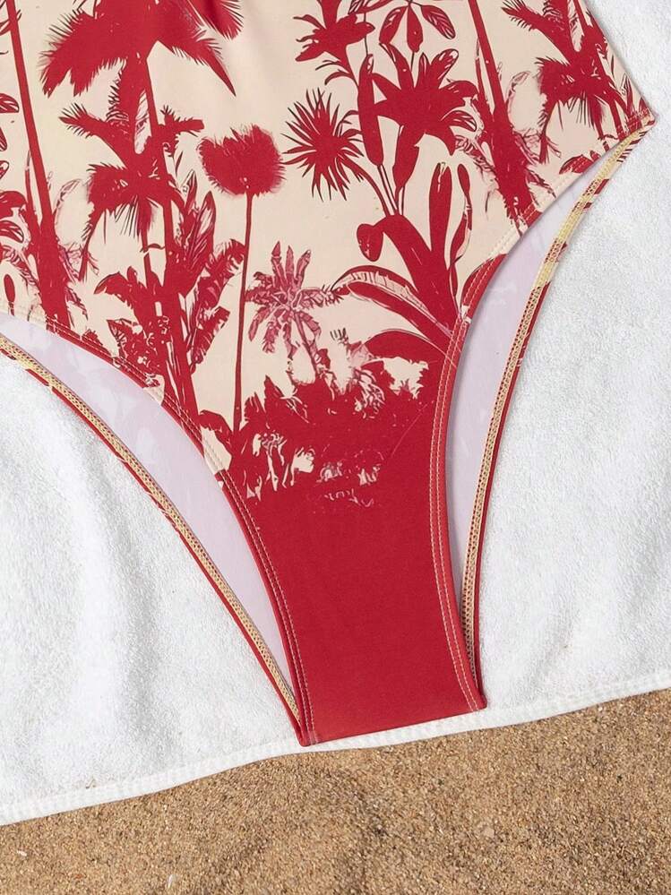 Swim Chiccia 女士热带棕榈树印花露背连体泳衣，可调节肩带，修身高开叉，适合海滩度假 - 彩色 - 查看 8