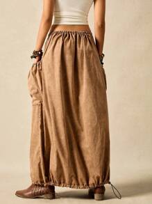 Easelle 2025 Summer Washed Denim Skirt Four Button Nomadic Retro Festival Outdoor Distressed Denim Skirt Washed Orange Washed Distressed Button Skirt Retro - Brown - View 2