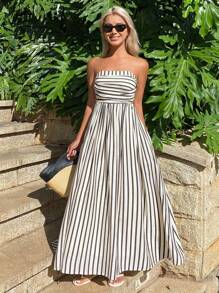 DAZY 女士休闲条纹抹胸褶饰度假连衣裙 - 黑與白 - 查看 3