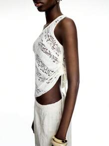 LYSMO Women's Elegant Solid Color Lace Asymmetric Top - Beige - View 6
