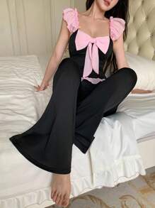 SHEIN 浪漫优雅撞色蝴蝶结荷叶边女士睡衣套装 - 黑色 - 查看 1