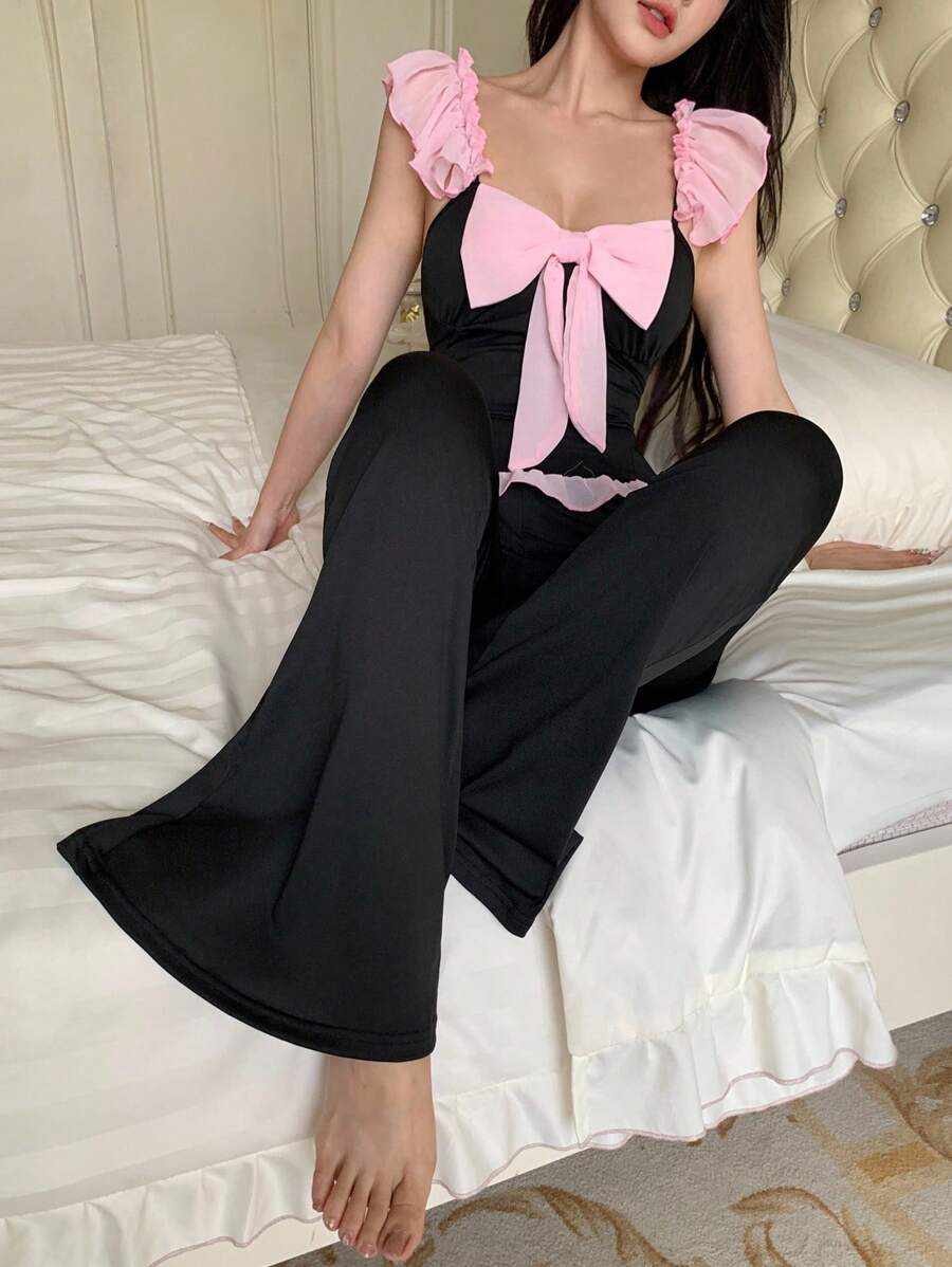 SHEIN 浪漫优雅撞色蝴蝶结荷叶边女士睡衣套装 - 黑色 - 查看 1