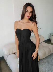 Lavishia Váy xếp ly trơn màu thanh lịch cho nữ, không tay - màu đen - Xem 5
