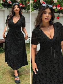 SHEIN EZwear 女式大码V领短袖休闲节日迷你连衣裙，夏季 - 黑色 - 查看 6