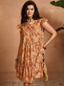 The White Lotus SHEIN VCAY 大码圆领荷叶边下摆休闲连衣裙、沙滩太阳裙、波西米亚风假日装 - 棕色 - 查看 3