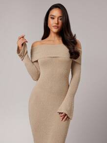 Silquee Women's Solid Color Off Shoulder Fitted Elegant Long Sleeve Sweater Dress,Fall Women Clothes, , Beige Dress Women, Tan Dress Women, Off The Shoulder Dress, Long Sleeve Midi Dress,Street Dress, Prom Dress,Airport Outfit For Women,Nude Dress