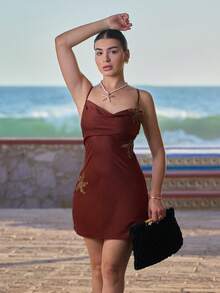 Andrea Bello Women's Sexy Sequin Starfish Decor Backless Spaghetti Strap Mini Dress For Holiday, Resort Dress, Party Dresses For Women Women Mini Dresses, Dresses For Women Elegant Women Mini Dresses - Brown - View 2