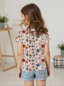 SHEIN 2025 Summer New Fashion Casual Cute Colorful Floral Print Color Block Short Sleeve Round Neck T-Shirt For Young Girls, Suitable For Daily And Holiday Wear - Multicolor - View 2