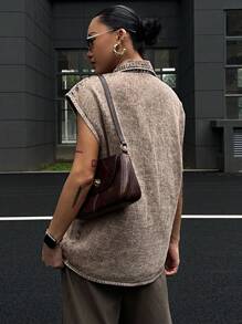 DAZY 女式无袖宽松翻领休闲牛仔背心，街头风格 - 卡其色 - 查看 6