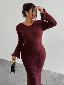 Firerie Plus Size Women Long Sleeve Solid Color Round Neck Frill Trim Fitted Knit Dress Fall/Winter - Brown - View 6