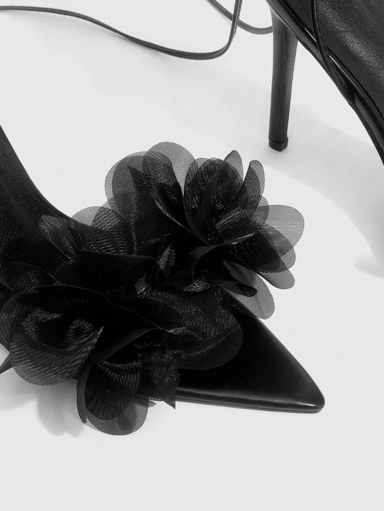 CUCCOO SZL Black Pointed Toe Floral Romantic Sexy Women's Pointed High Heel Sandals For Christmas Spring Shoes Prom Heels
