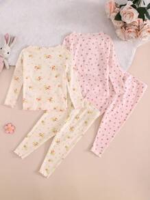 SHEIN Bộ đồ ngủ 4 món cổ tròn tay dài in hình mèo dễ thương cho bé gái mềm mại và thoải mái - Nhiều màu - Xem 2
