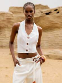 Lumivelle Women's Casual Sleeveless Button Front Halter Top, Solid Color, Summer - Apricot - View 1