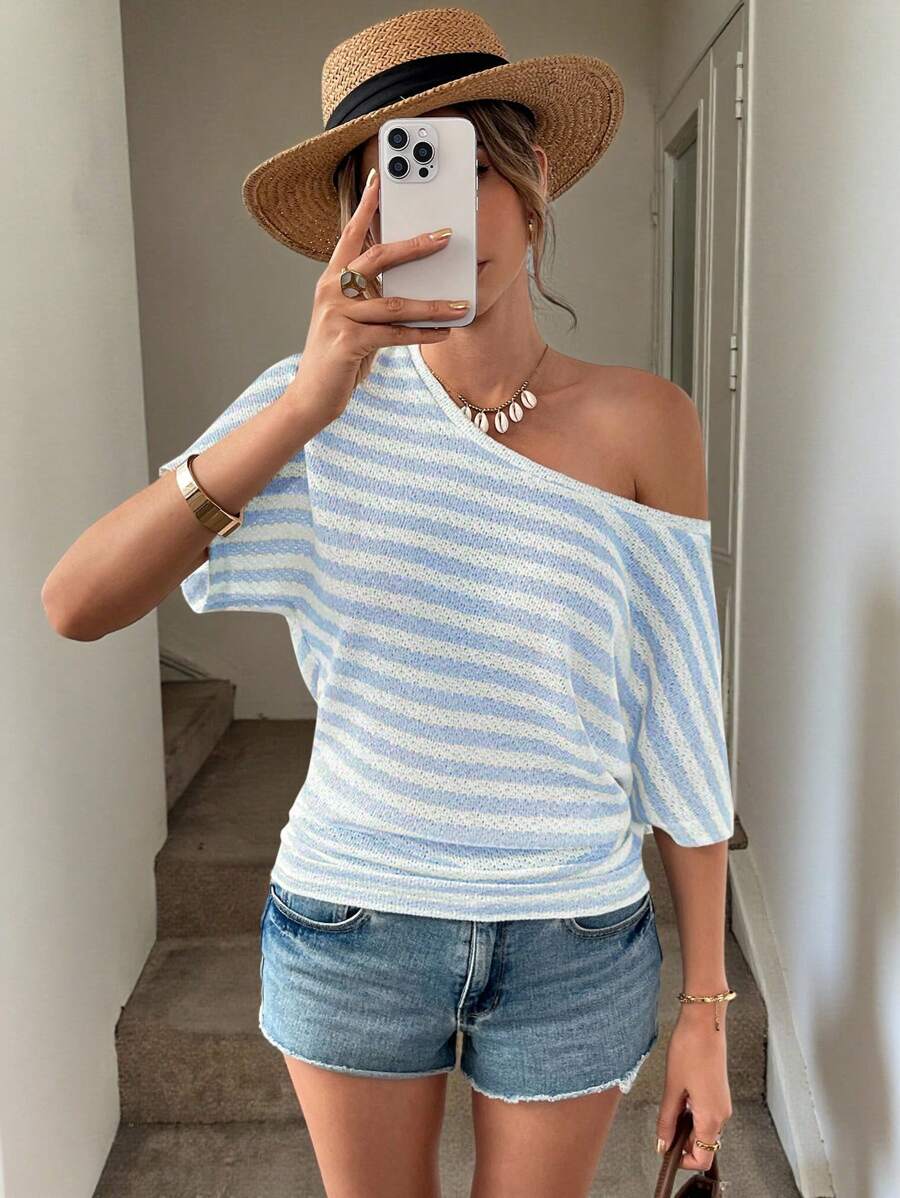 SHEIN LUNE 超大宽松条纹针织上衣，可露肩穿着，女士休闲套头衫