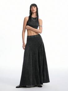 LYSMO 2件套女士水洗黑色纯色圆领露脐吊带背心上衣和半裙套装，简约前卫街头风和Y2K时尚，2025新款上市 - 黑色 - 查看 4