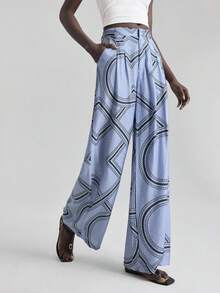 Ontre Khaki Summer Geometric Print Loose Casual Textured Wide Leg Pants With Tassel Drawstring And Pockets - Blue - View 6