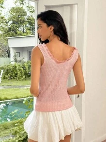 Rafferiza French Countryside Square Neck Sleeveless Button Trim Ruffle Hem Women Casual Tank Top, Spring/Summer - Pink - View 2
