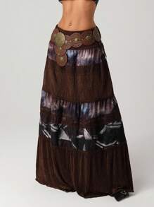 SHEIN ICON Women's Tie-Dye Print Ruffle Hem Low Waist Patchwork Boho Skirt - Multicolor - View 7
