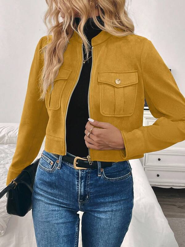 Louniche Women's Autumn/Winter Cargo Green Short Jacket With Large Pockets & Metal Buttons Fall Cloth For Women