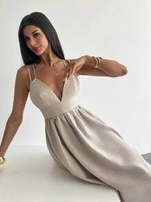 Firerie 女式深 V 领露背紧身 A 字连衣裙，卡其色仿亚麻面料，夏季度假连衣裙，春夏服装，沙滩装，优雅、性感、度假、海滩、波西米亚、夏威夷 - 卡其色 - 查看 2