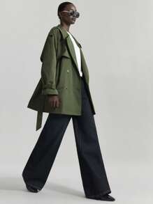 Ontre 2025 Women's Green Long Sleeve Double-Breasted Trench Coat, Casual Daily And Commuting Versatile Coat