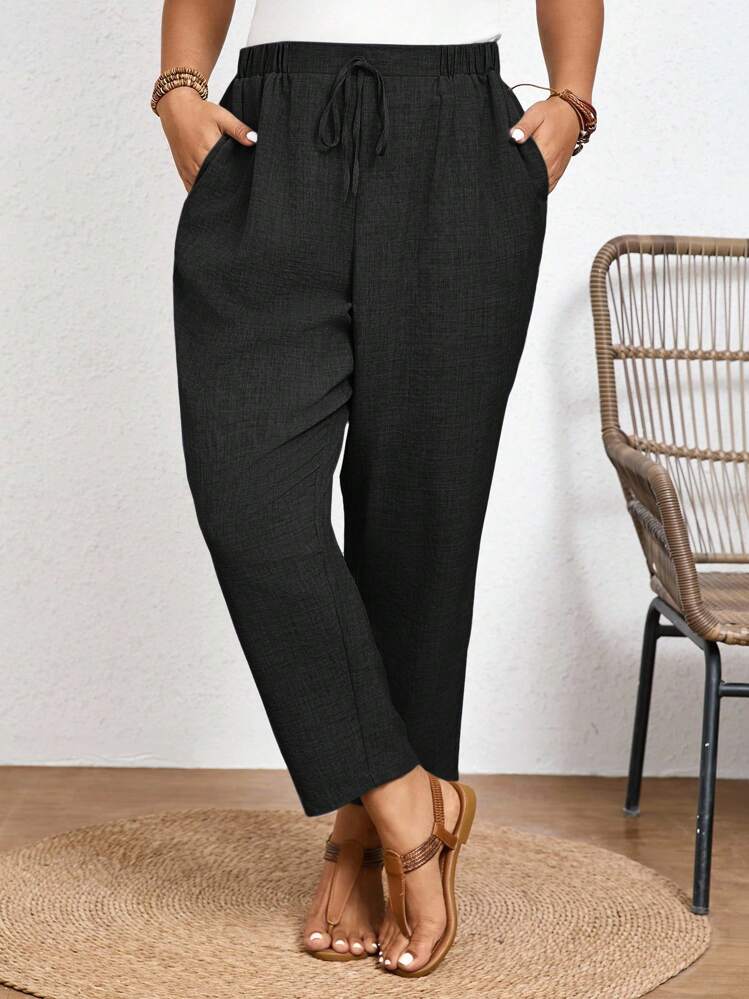 Elaquor 加大码纯色休闲长裤，松紧腰带，斜口袋 - 黑色 - 查看 4