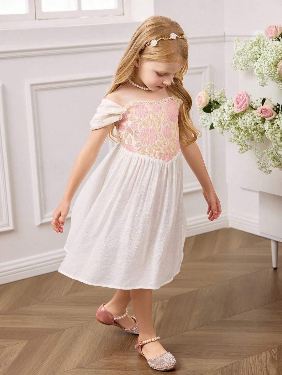 SHEIN Young Girl's Elegant Floral Jacquard Off Shoulder Flare Hem Party Dress, Summer - Pink - View 1