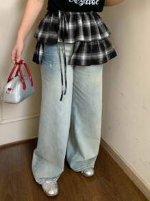 Dazy Plus Plus Size Women Casual Street Style Plaid Layered Tie-Waist A-Line Skirt Fall - Black - View 4