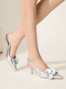 CUCCOO CHICEST Women's Silver Metallic + Golden Flower Decor Pointed Toe Kitten Heel Slingbacks - Silver - View 9