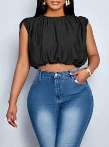 SOLERSUN Camisa sin mangas arrugada de unicolor para uso diario en primavera y verano para mujer de talla grande - Negro - Ver 1