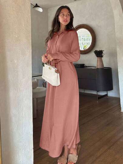 EURMUSE Casual Style, Linen Look, Self Belted Maxi Shirt Dress, Suitable For Modest  Homecoming Old Money Style Women Autumn Clothes
