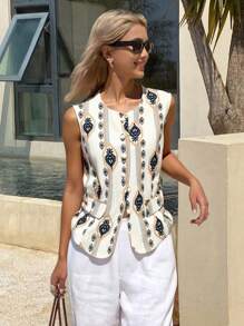 DAZY Áo khoác cardigan/áo vest nữ mùa hè dáng rộng, thoải mái, chất liệu vải lanh, họa tiết hình học, hoa văn, kiểu bohemian, thêu toàn bộ họa tiết, thích hợp cho kỳ nghỉ. - Màu be - Xem 3