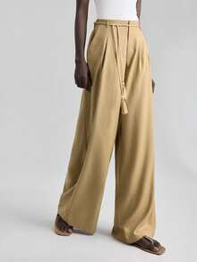 Ontre Pantalones de traje de lino de unicolor, de cintura alta, holgados y casuales, de moda para el verano en otoño/invierno - Caqui - Ver 5