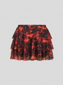 INAWLY Damen Große Größen Batik-Muster asymmetrischer Rüschen-Saum Rock