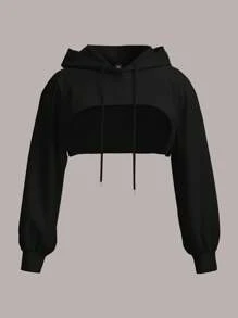 SHEIN EZwear 大码黑色针织超短款连帽衫