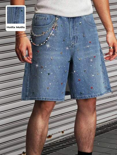 Street Life Casual Fashion Rhinestone Chain Loose Fit Men's Denim Shorts