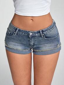 SHEIN Unity Women's Casual Low Waist Fitted Denim Shorts, Summer - Blue - View 3