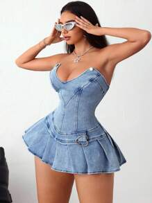 SHEIN ICON Plus Size Women's Summer Ruffled Hem Strapless Denim Dress - Blue - View 1