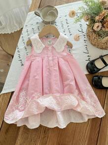 SHEIN LMoss Kids 女婴可爱休闲夏季条纹刺绣彼得潘领连衣裙 - 粉色 - 查看 4