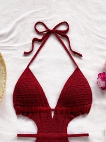 Soleia 全新设计镂空肩带露背白色优雅度假吊带迷你连衣裙 - 酒紅色 - 查看 6