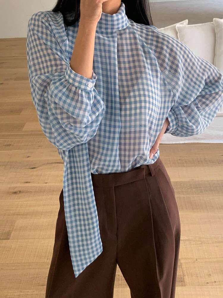 Stand Collar Loose Plaid Casual Shirt,Fall Women Clothes Long Sleeve Top