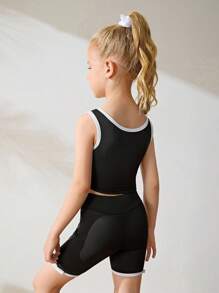 SHEIN Young Girls' Athleisure Set, High-Stretch, Black Fitted Tank Top, White Bow Decor + Elastic Waist Skinny Leggings, Soft, Comfortable, Casual, Suitable For Leisure, Outdoor Sports, And Various Casual Occasions