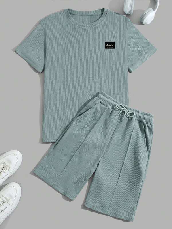 RueChic Conjunto de camisetas regulares de hombre con parche de tela de gofre