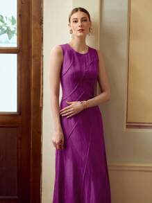 ZEYLAH 女士时尚浪漫圆领无袖亚麻结构连衣裙 - 紫色 - 查看 5