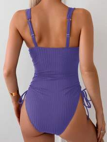 Swim Basics 1pc Women Holiday Solid Color Side Drawstring Ribbed Camisole Swimsuit - Purple - View 2