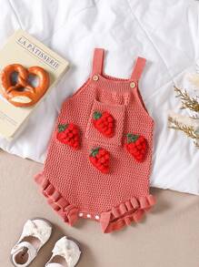SHEIN Baby Girl Cute Cartoon Strawberry Knitted Bodysuit For Outerwear Fall Winter - Red - View 2