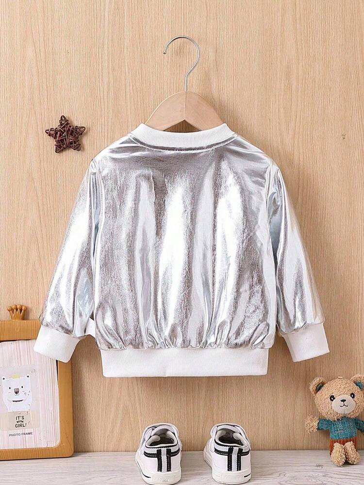 Baby Boy Zip Up Thermal Lined Silver Metallic Bomber Jacket