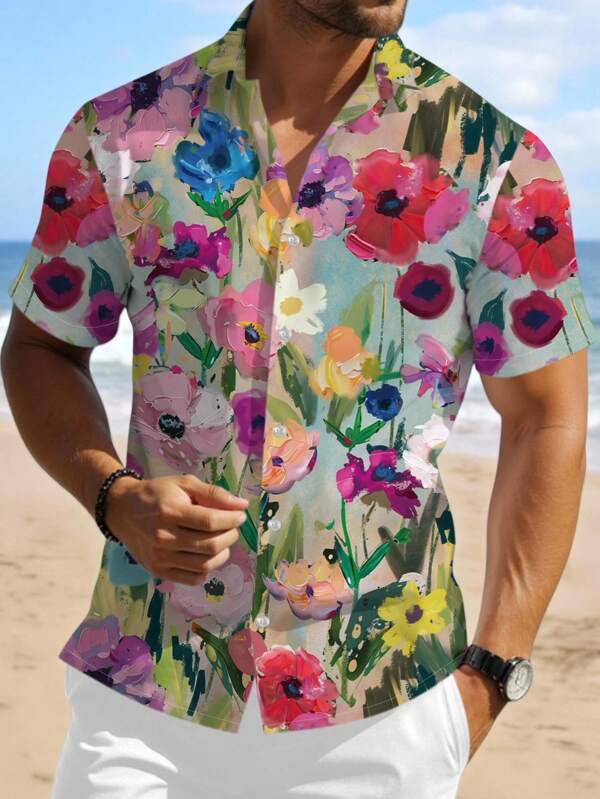 Manfinity RSRT Camicia casual a maniche corte da uomo con stampa floreale e bottoni davanti, per l'estate